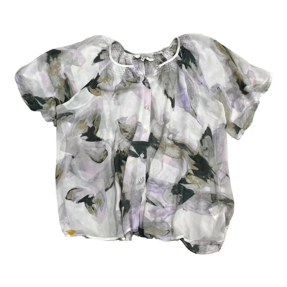 BB Dakota Gray Watercolor Sheer Flutter Blouse L